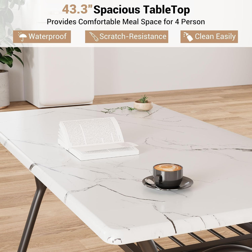 5-Piece Dining Table Set for 4, Modern Kitchen Table with 4 Boucle Chairs, Rectangular Dining Table with Storage Shelf & Marble Tabletop, Beige Home Dining Furniture for Small Space, Black+Beige