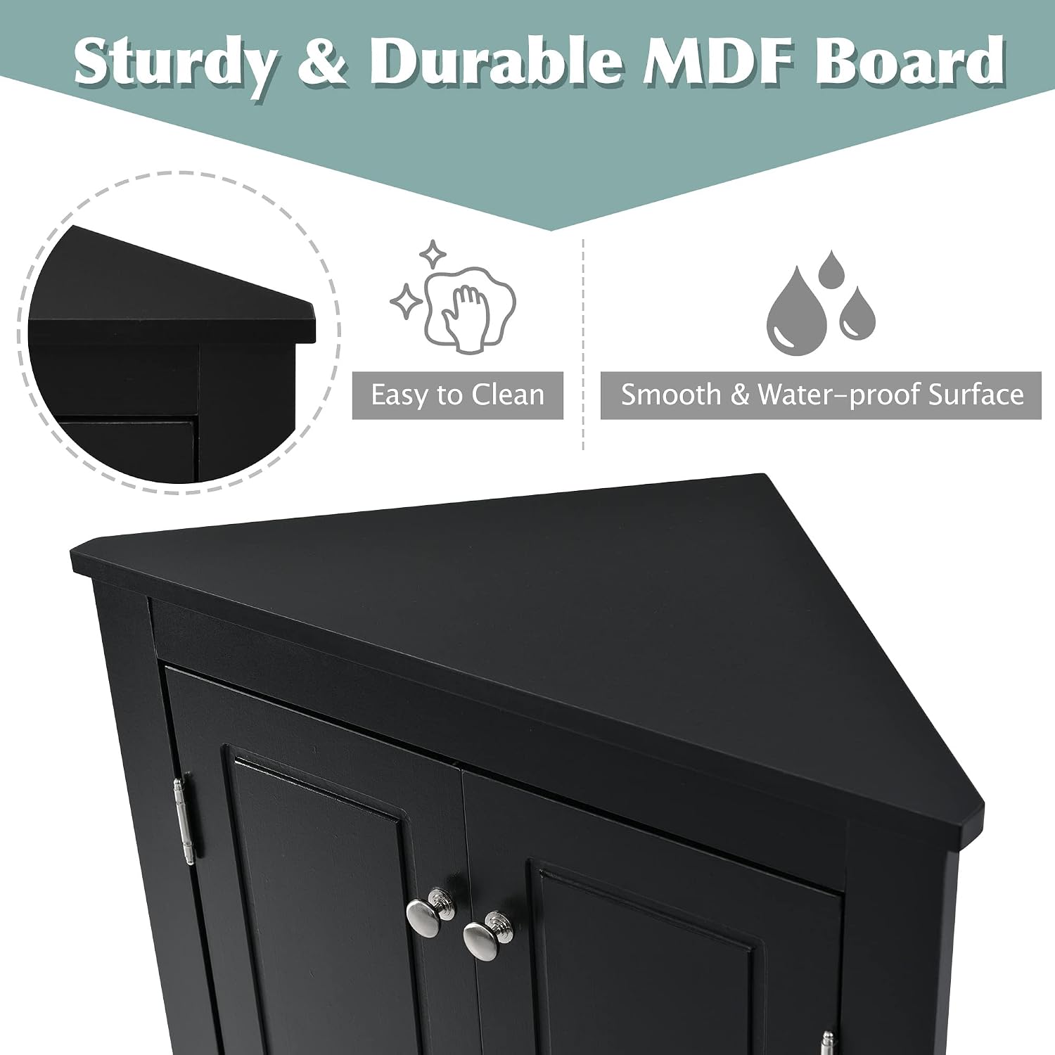 Knocbel 31.5' Height Corner Floor Storage Cabinet with Brushed Nickel Knobs, 2 Doors and Adjustable Shelves, Bathroom Pantry Corridor Free Standing Triangle Organizer Unit (Black)