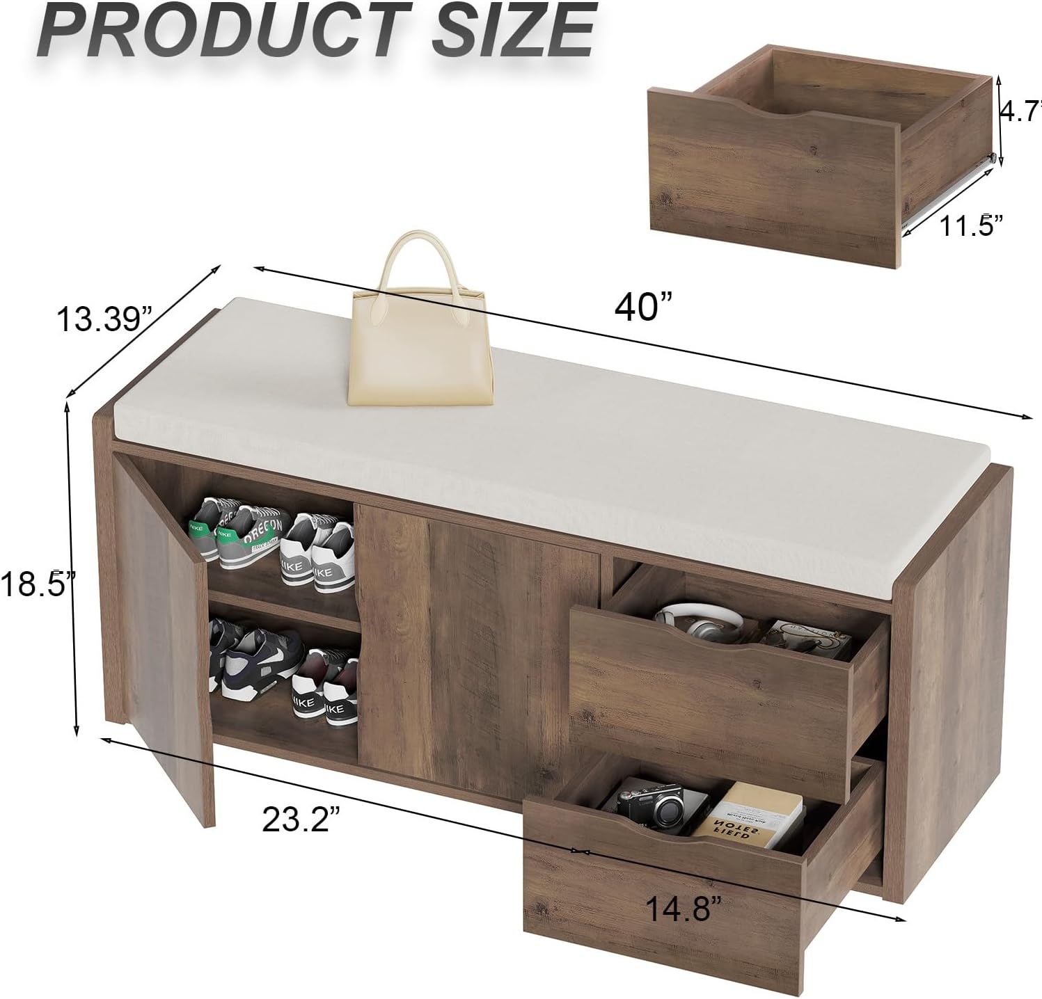 LVB Entryway Bench with Storage, 40' Storage Bench with Padded Cushioned Seat, Farmhouse Shoe Bench with 2 Drawers Cabinet Shelf, Industrial Wood Shoe Rack Bench for Living Bedroom，Rustic Oak, 40in