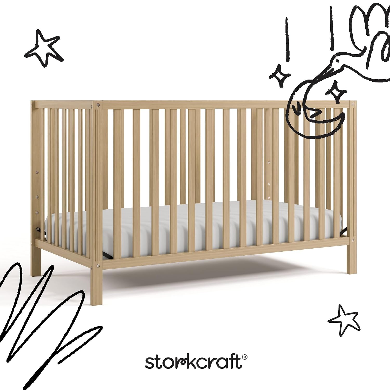 Storkcraft Morningside 5-in-1 Convertible Crib – GREENGUARD Gold Certified, Fits Standard Crib Mattress, Converts to Toddler Bed, Daybed and Full Bed, 4 Adjustable Mattress Heights (Driftwood)
