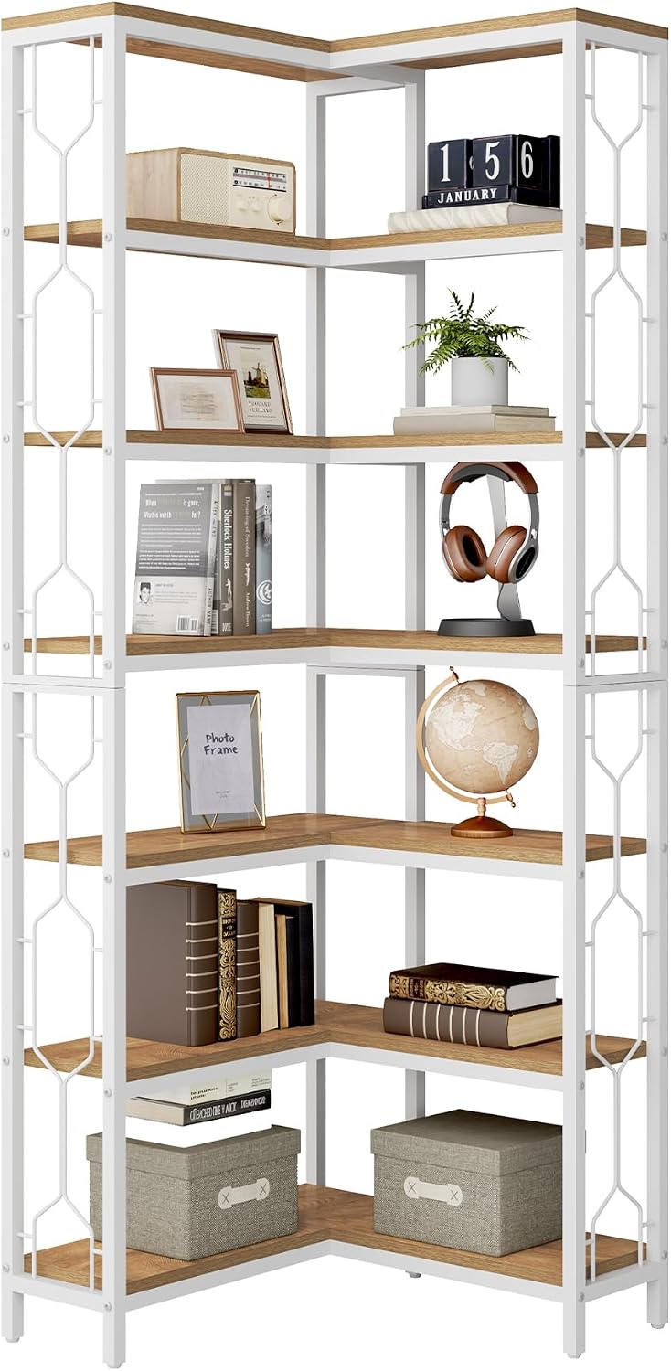 Tribesigns 7-Tier Corner Shelf, 78.7' Tall Bookshelf with Storage, Corner Bookshelf and Bookcase, Industrial Display Shelf for Living Room, Bed Room, Home Office (White and Natural)