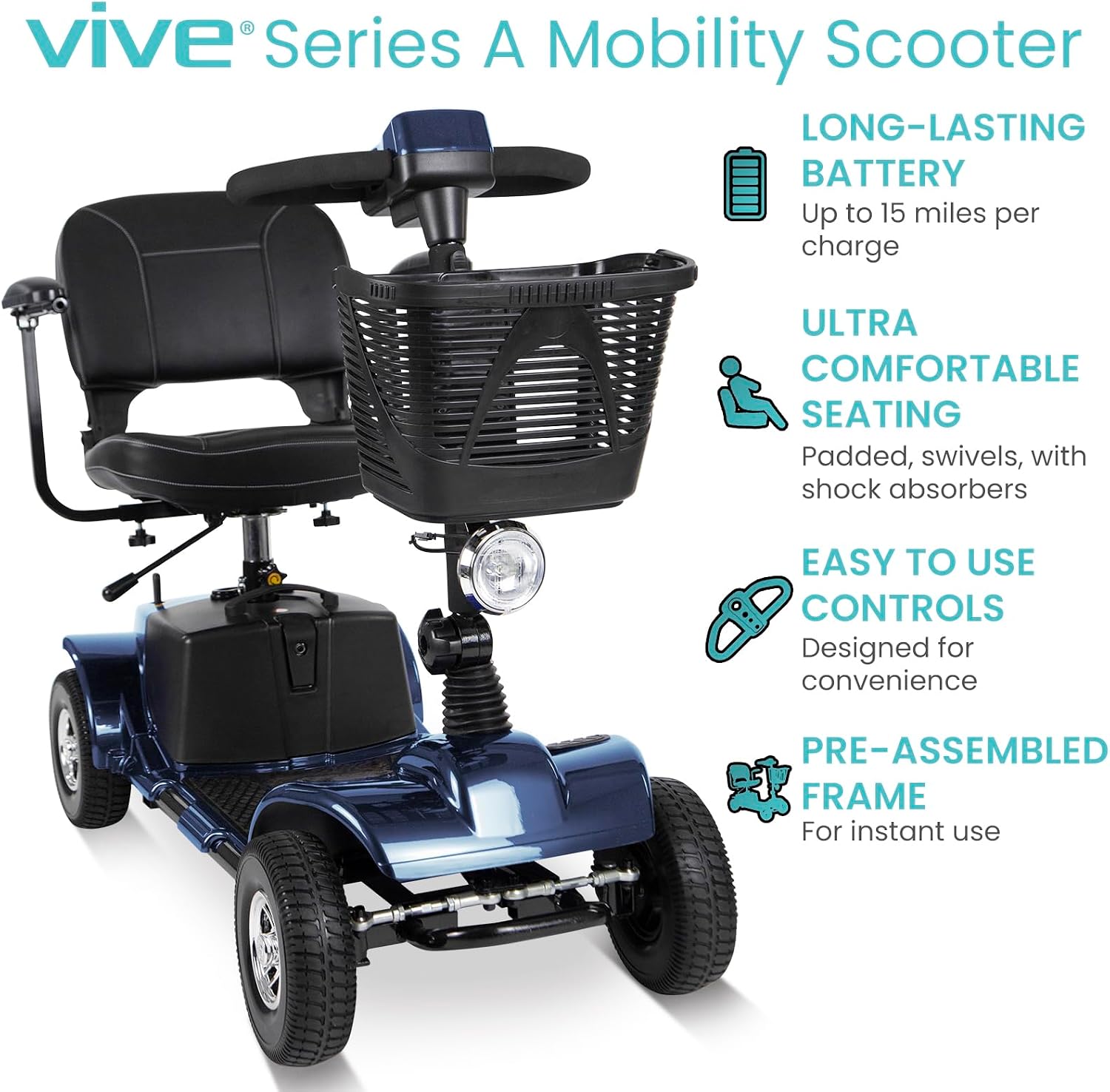Vive Mobility Scooter (Series A) - 4 Wheel Electric Powered Wheelchair Mobile Device for Adults, Seniors - TSA Approved Wheel Chair, Compact, Travel - Long Range Battery, Shock Absorbing (Blue)