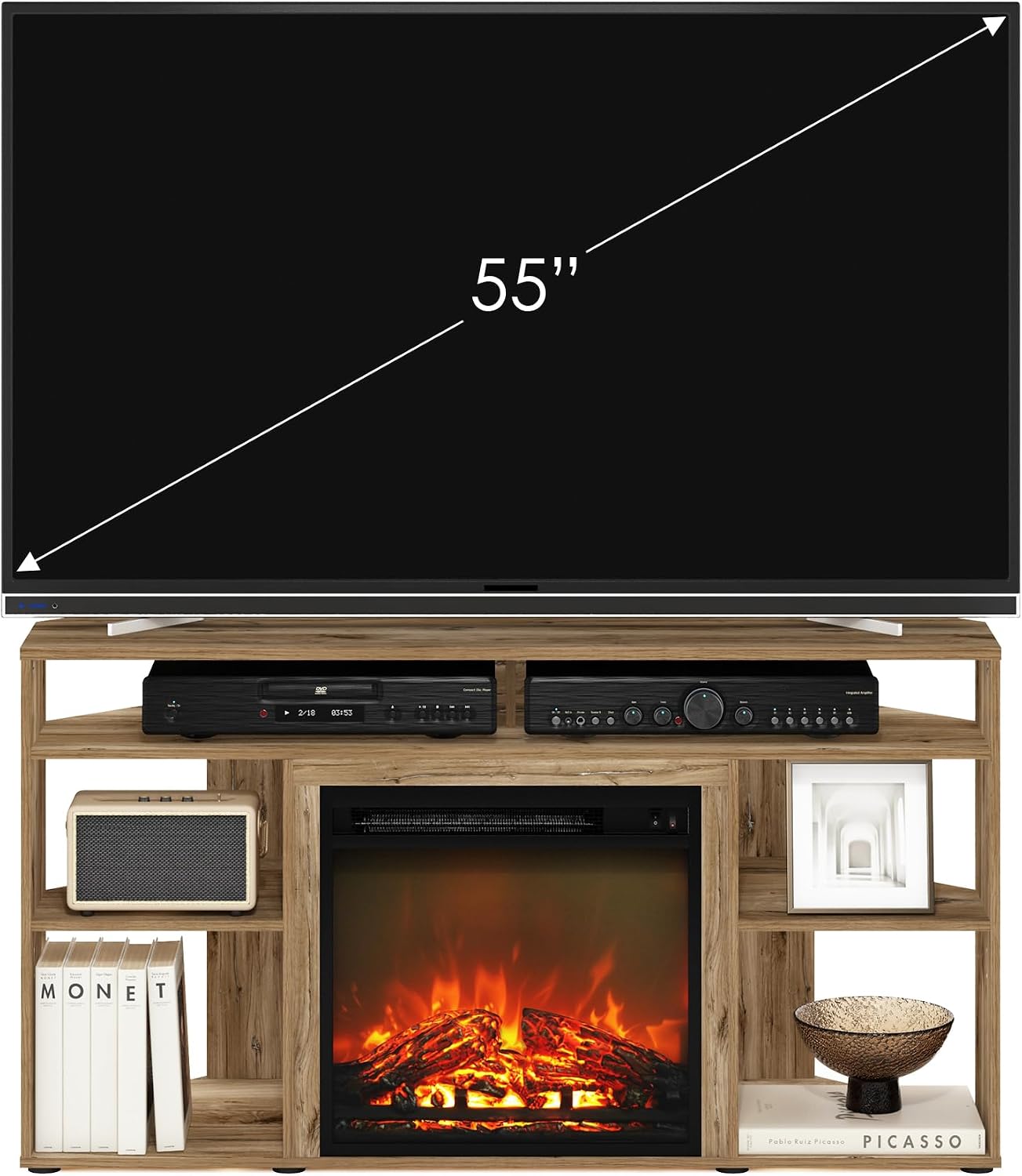 Furinno Jensen Fireplace TV Stand, Corner Entertainment Center, TV Console for TV up to 55 Inch with Fireplace, for Living Room, Bedroom, Flagstaff Oak
