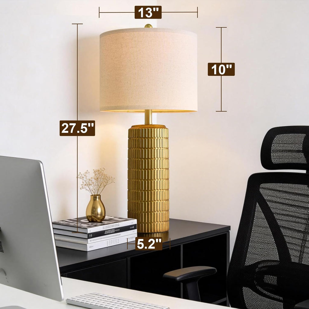 PoKat 27.5'' Tall Brass Gold Table Lamps Set of 2 for Living Room, Modern Table Lamps for Bedroom Night Stands, Retro Ceramic Bedside Lamps, Nightstand Lamps for Sideboard Side End Table, Gold