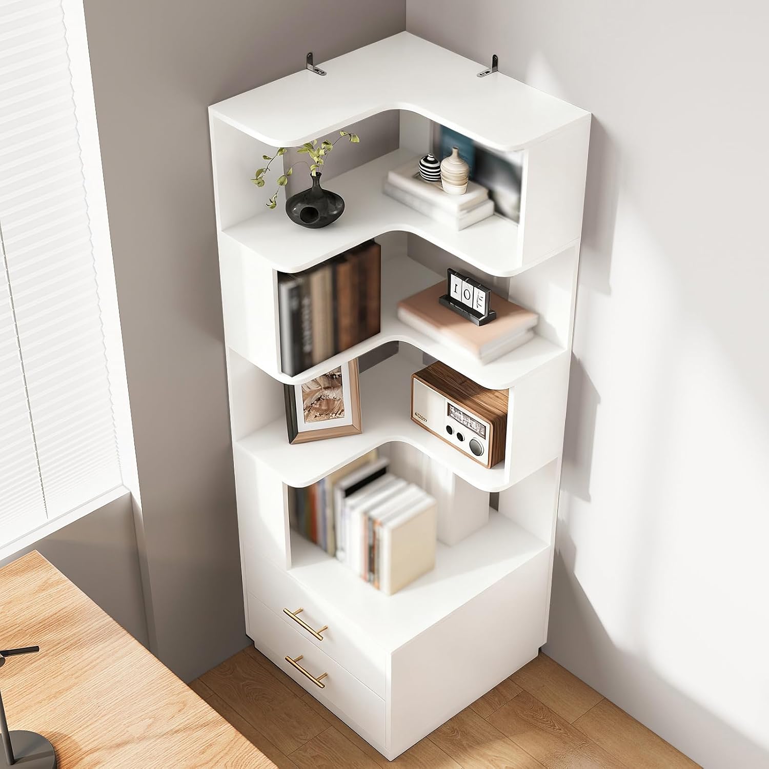 Corner Bookshelf with Drawers,66.9' L Shaped Tall Bookshelf and Bookcase,5 Tier Corner Bookcase with Storage Display Shelf Stand for Home Office, Study,Living Room, Bedroom (White-Corner Bookshelf)