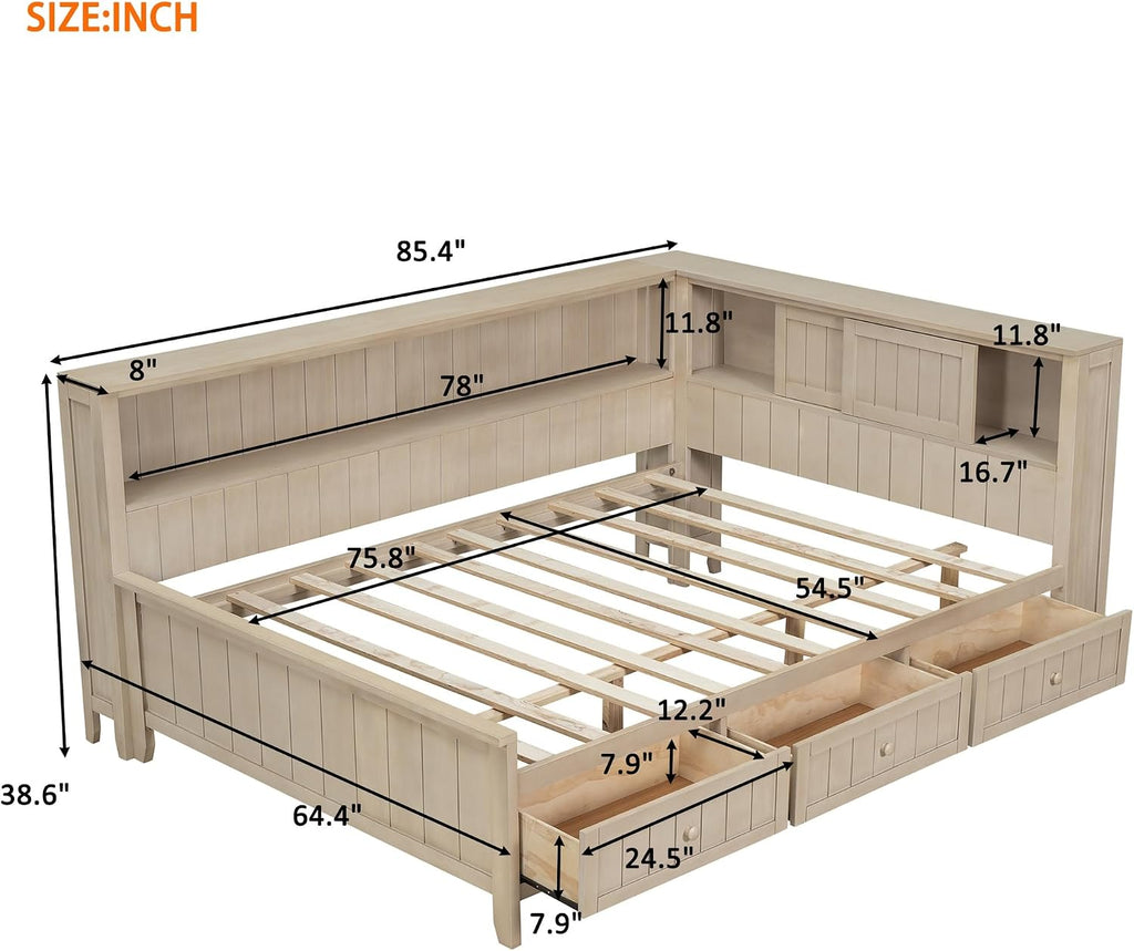 Full Size Daybed with Storage Shelves and 3 Drawers, Antique White Milk, Solid Wood + MDF, Farmhouse Corner Daybed Frame with Storage for Living Room, Bedroom, Guest Room
