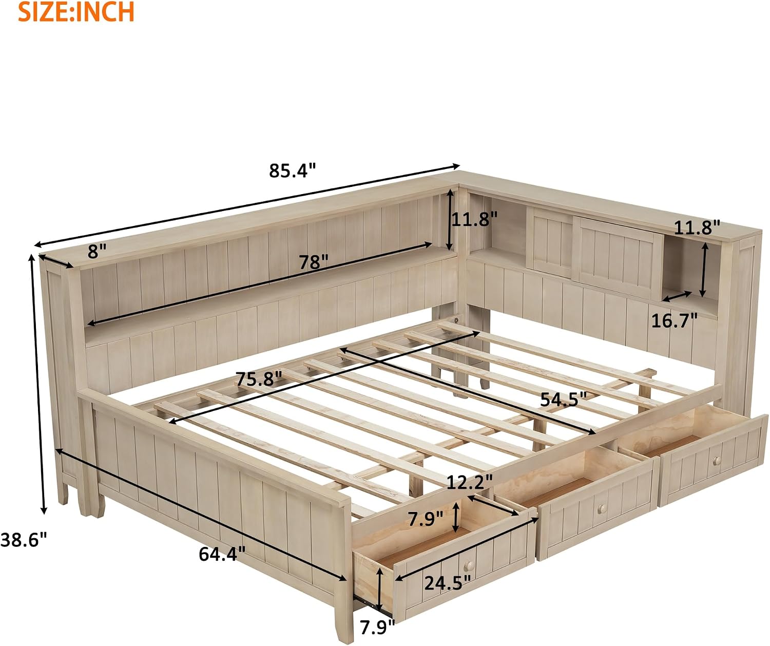 Full Size Daybed with Storage Shelves and 3 Drawers, Antique White Milk, Solid Wood + MDF, Farmhouse Corner Daybed Frame with Storage for Living Room, Bedroom, Guest Room