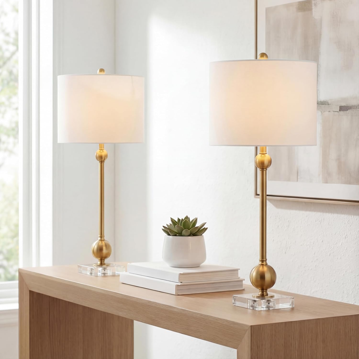 JONATHAN Y 34.75' Brass Metal LED Table Lamp Set of 2 with Crystal Base, Mid-Century Modern Sputnik Design for Living Room Bedroom, White Linen Shade, LED Bulbs Included JYL2010A-SET2