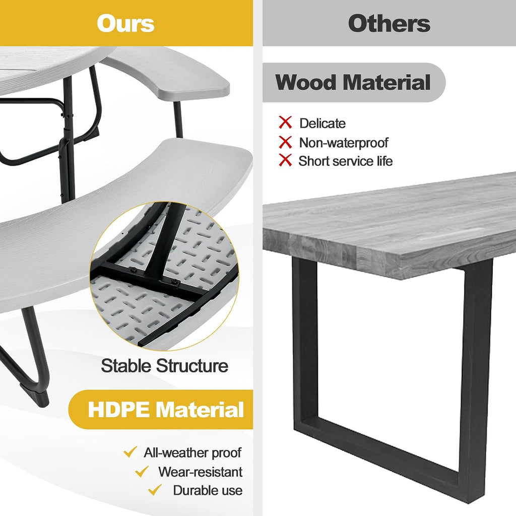 Tangkula 8 Person Picnic Table, Outdoor Round Picnic Table with 4 Built-in Benches, Umbrella Hole, Metal Frame & HDPE Tabletop, Outside Table and Bench Set for Backyard, 2300lbs Weight Capacity