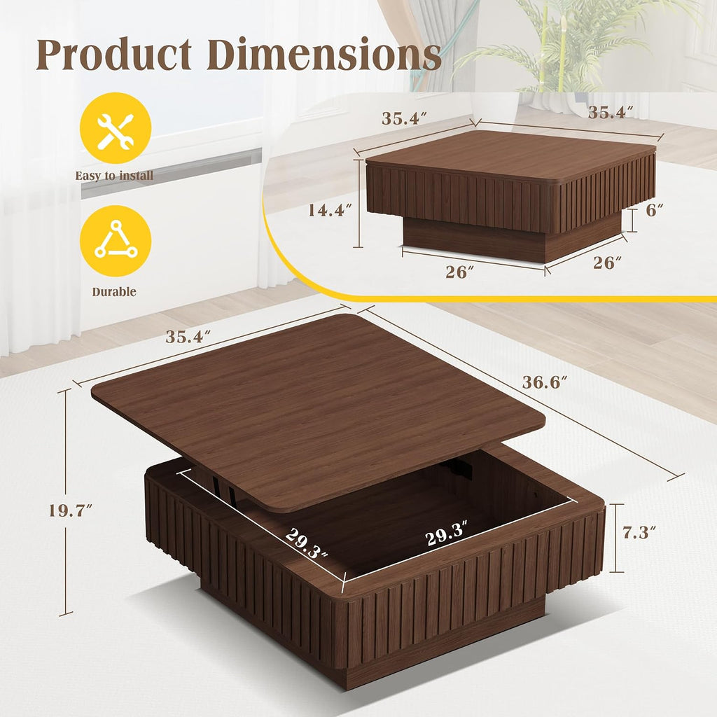 MAGIC UNION 35.4' Square Fluted Lift Top Coffee Table with Storage, Large Mid Century Modern Coffee Table with LED Lights & Charging Station, Center Table for Living Room, Home Office, Walnut