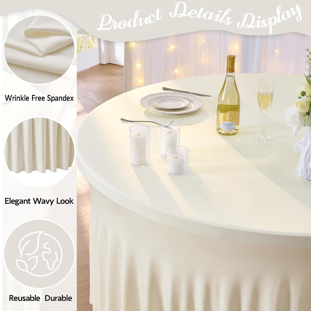 leegleri 10 Pack 60Inch Ivory Spandex Round Tablecloths, Stretchy 120inch Fitted 5FT Round Table Cloths, Wrinkle Free Table Cover with Skirt for Wedding Party Dining Banquet