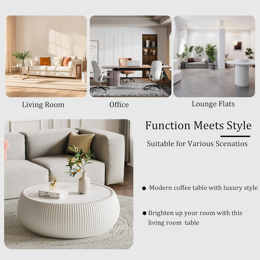 White Round Coffee Table with Sintered Stone Tabletop, 27.55' Drum Coffee Table with Fluted PU Leather Covered and Stable Base, Circle Cocktail Tea Table for Living Room