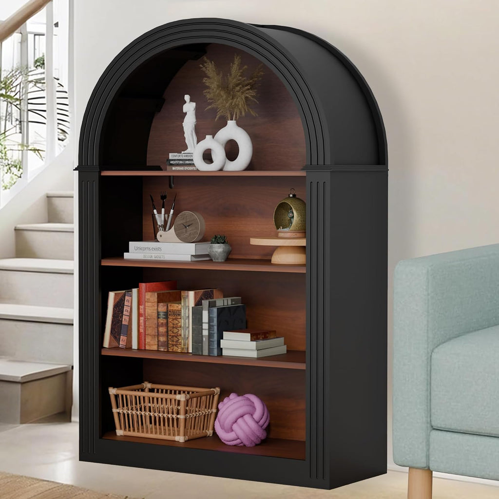 Black Arched Bookcase,Short Wide Bookshelf,Short Corner Bookshelf,Arched Display Cabinet with Open Shelf for Bedroom, Living Room