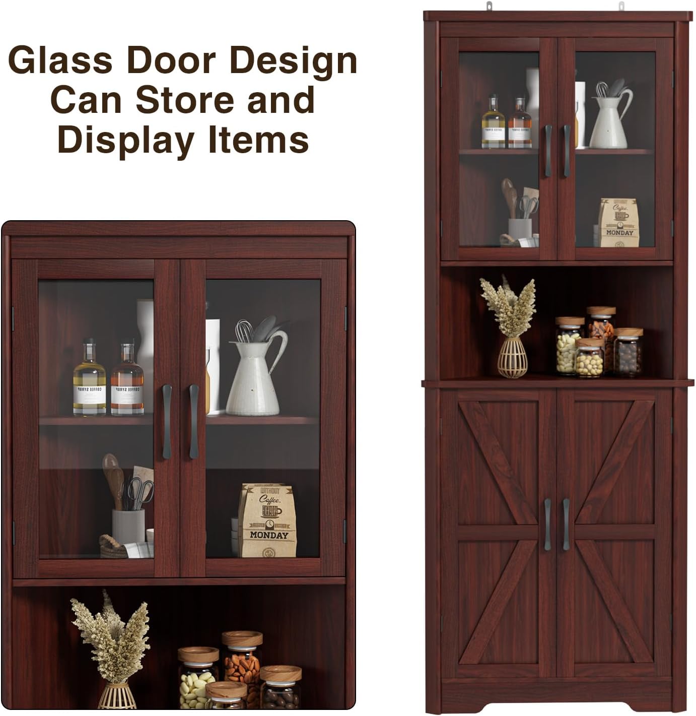FiveWillowise 67''H Dark Brown Tall Corner Storage Cabinet with 4 Tempered Glass Doors and Barn Doors, Home Space Saver Decoration Farmhouse Cabinet with 2 Adjustable Shelves for Kitchen, Living Room