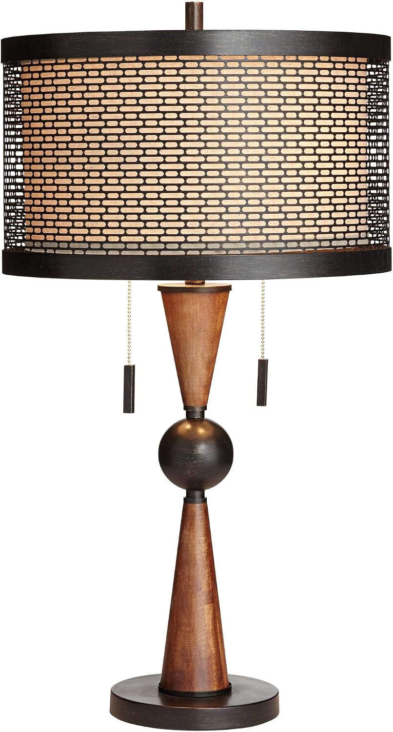 Franklin Iron Works Hunter Rustic Farmhouse Table Lamp 29 3/4' Tall Cherry Wood Bronze Metal Outer Tan Fabric Inner Drum Shade for Bedroom Living Room House Home Bedside Nightstand Office Family
