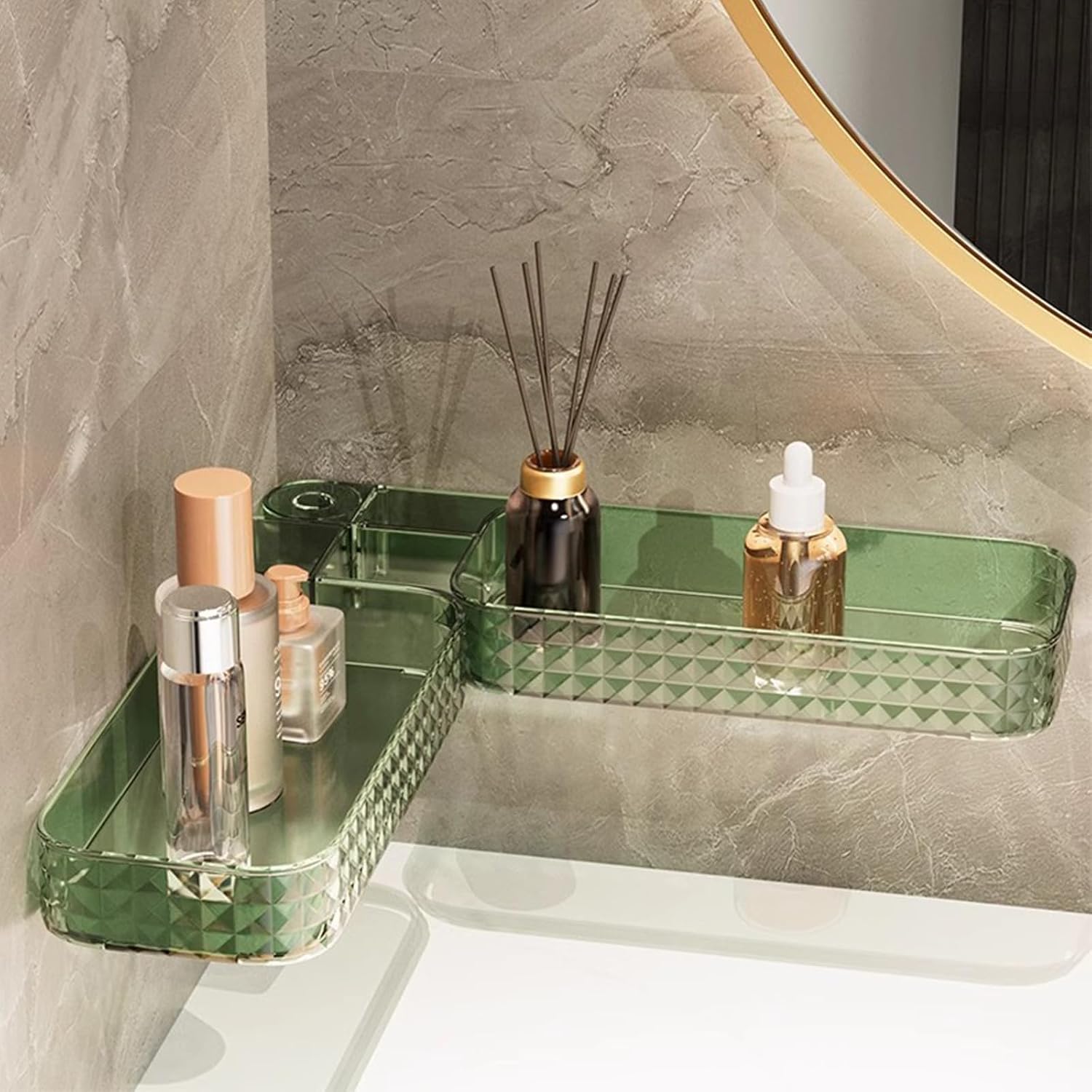 Hanging Rotating Corner Shelf, Wall-Mounted U-Shaped Bathroom Organizer, Punch-Free Foldable Shower Rack, Clear Storage Solution for Space-Saving and Easy Access(Green)