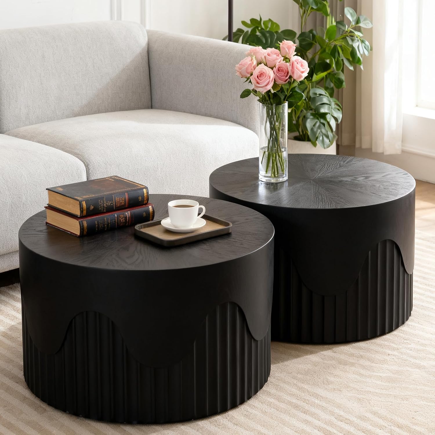 Round Nesting Coffee Table Modern Black Fluted Coffee Table Set of 2 Stripe Round Coffee Tables Drum Crescent Side Table Accent End Table for Living Room (Black C Large)