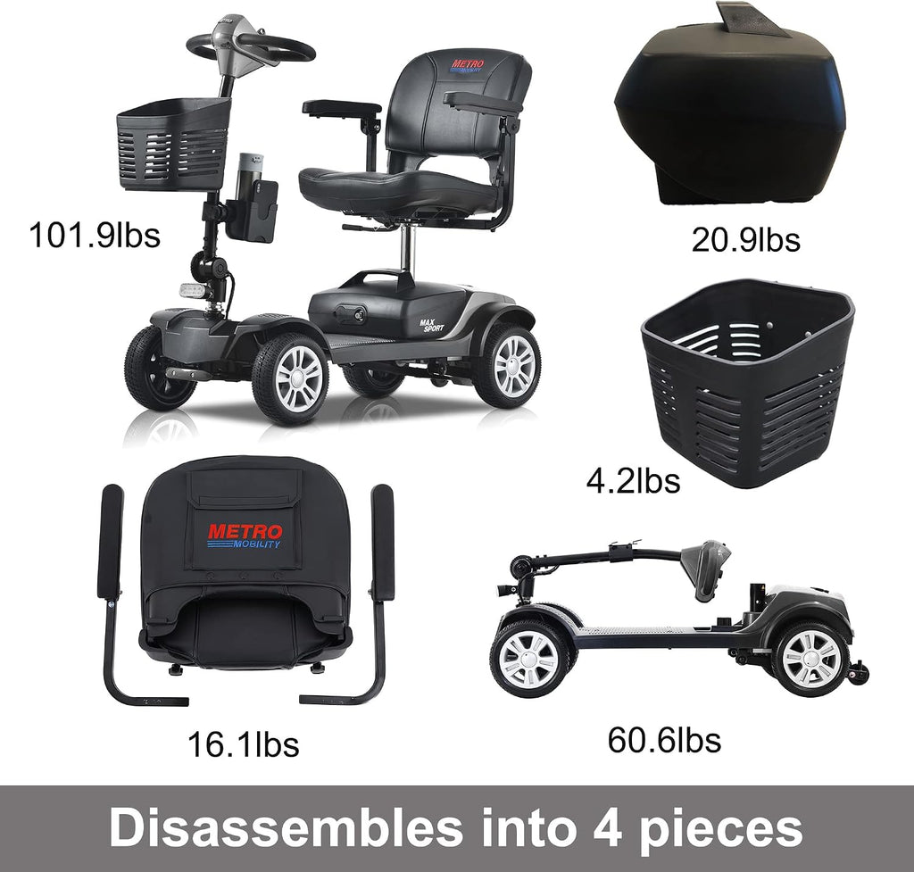 Metro Mobility 4 Wheel Powered Mobility Scooters for Seniors - 300 lbs Capacity Electric Scooter with Seat for Adults, Travel - Long Range Power Extended Battery & Comfortable Larger Legroom - Grey