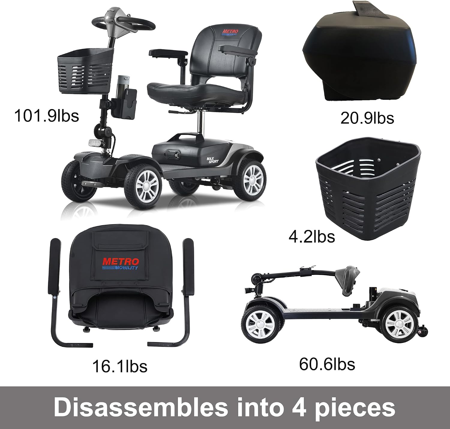 Metro Mobility 4 Wheel Powered Mobility Scooters for Seniors - 300 lbs Capacity Electric Scooter with Seat for Adults, Travel - Long Range Power Extended Battery & Comfortable Larger Legroom - Grey