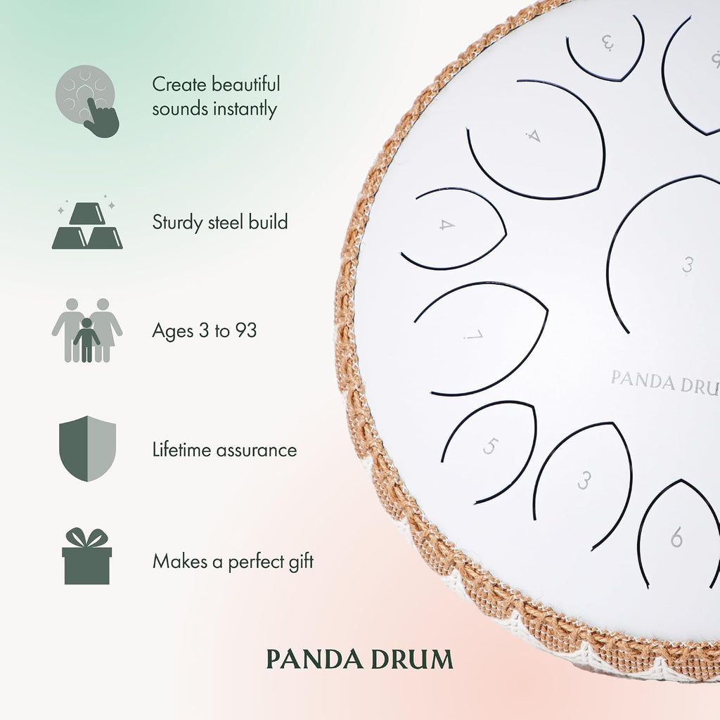 Panda Drum Pro (White) | Steel Tongue Handpan with Music Book, Mallets, Carrying Bag & Finger Picks | 15 inch, 432 Hz | Rain Drum for Inside & Outside | Calming Musical Instrument for Adults & Kids