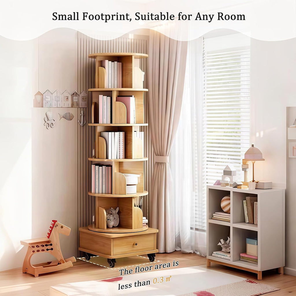 6 Tier Rotating Bookshelf 360° Spinning with Wheels & Drawer, Space Saving Storage Shelf for Small Spaces, Home Office Corner, Living Room, Bedroom