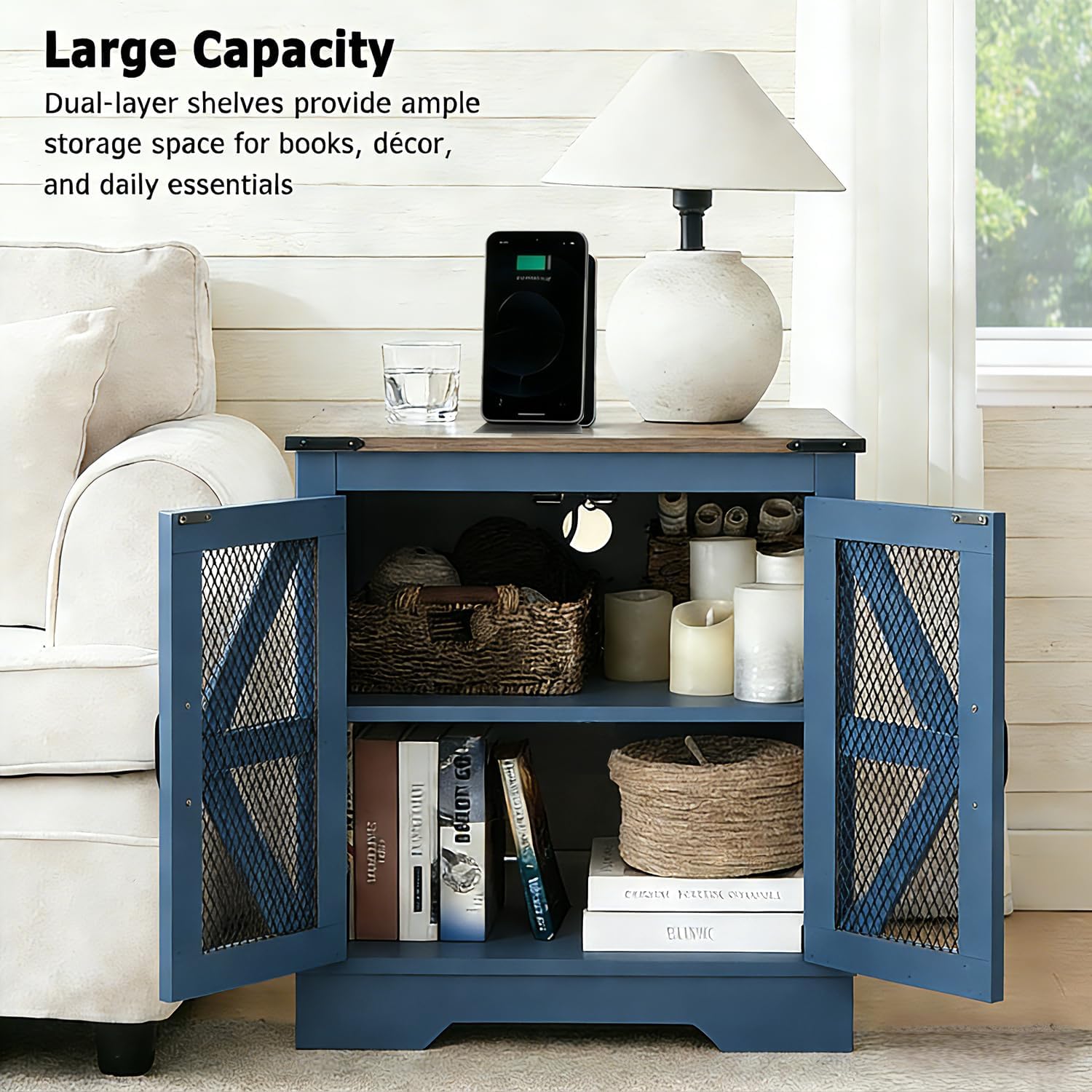 Blue Farmhouse End Table with Charging Station, 21' Wood Sofa Side Table with Mesh Barn Door, Rustic Nightstand with Hidden Storage for Living Room, Square