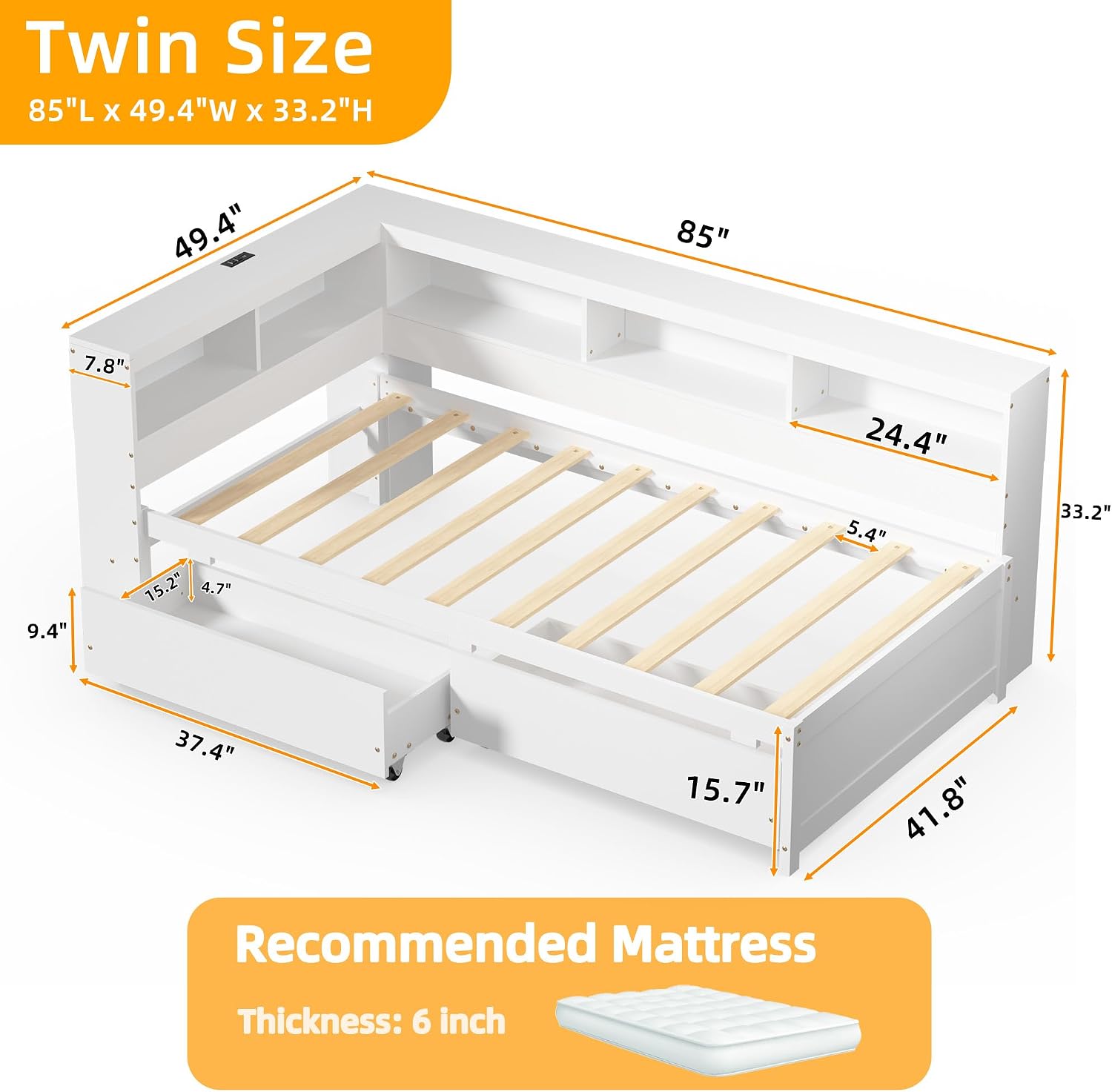 Corner Bed Frame with Bookcase Headboard and Drawers Storage, Twin Size Daybed with Charging Station & LED Lights, Solid Wood Platform Bed with Wooden Slats for Kids Teens Guests, White