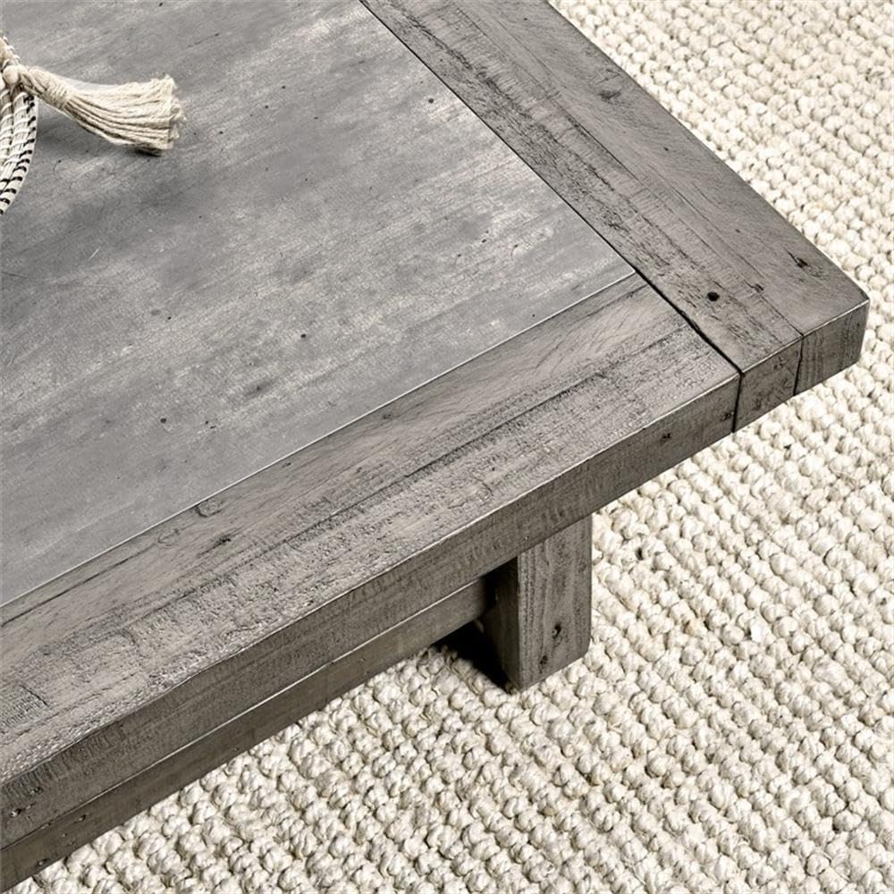Pemberly Row 50' Square Wood Coffee Table, Antique Gray Finish, Reclaimed Wood Frame with Concrete Laminate Top, Open Shelf Design, Transitional Style Living Room Centerpiece or Storage Table