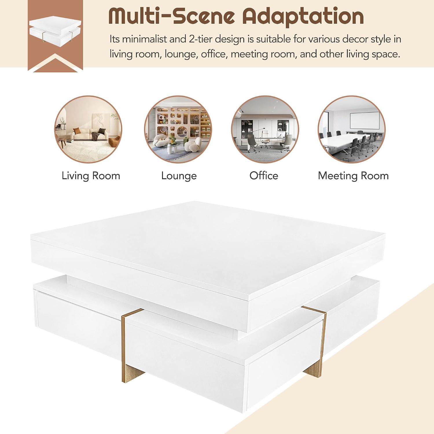Modern Coffee Table with Storage, Contemporary Square Coffee Table with Drawers, High Gloss Modern Center Table for Living Room, Reception Room, Office, White, 31' D X 31' W X 11' H