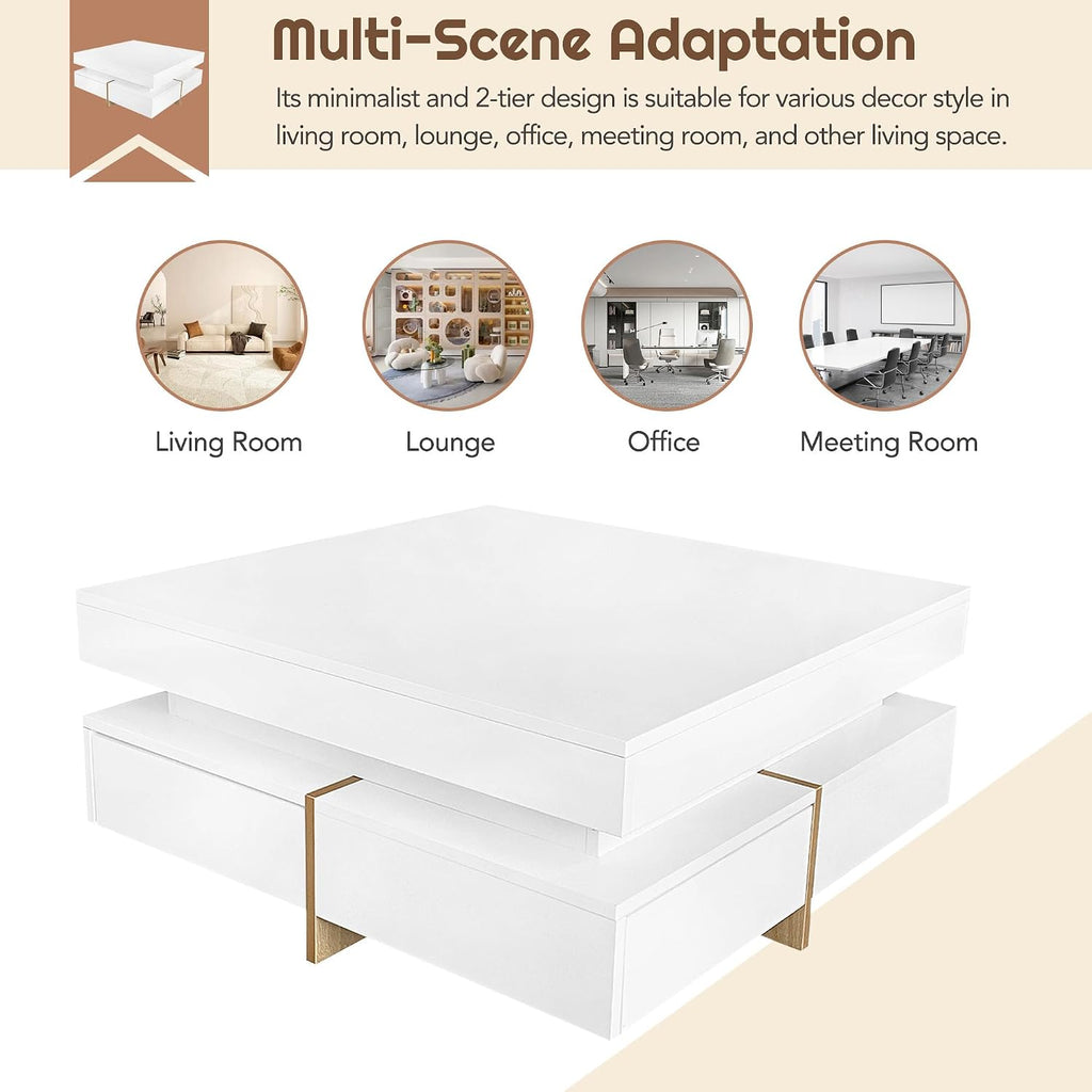 Modern Coffee Table with Storage, Contemporary Square Coffee Table with Drawers, High Gloss Modern Center Table for Living Room, Reception Room, Office, White, 31' D X 31' W X 11' H