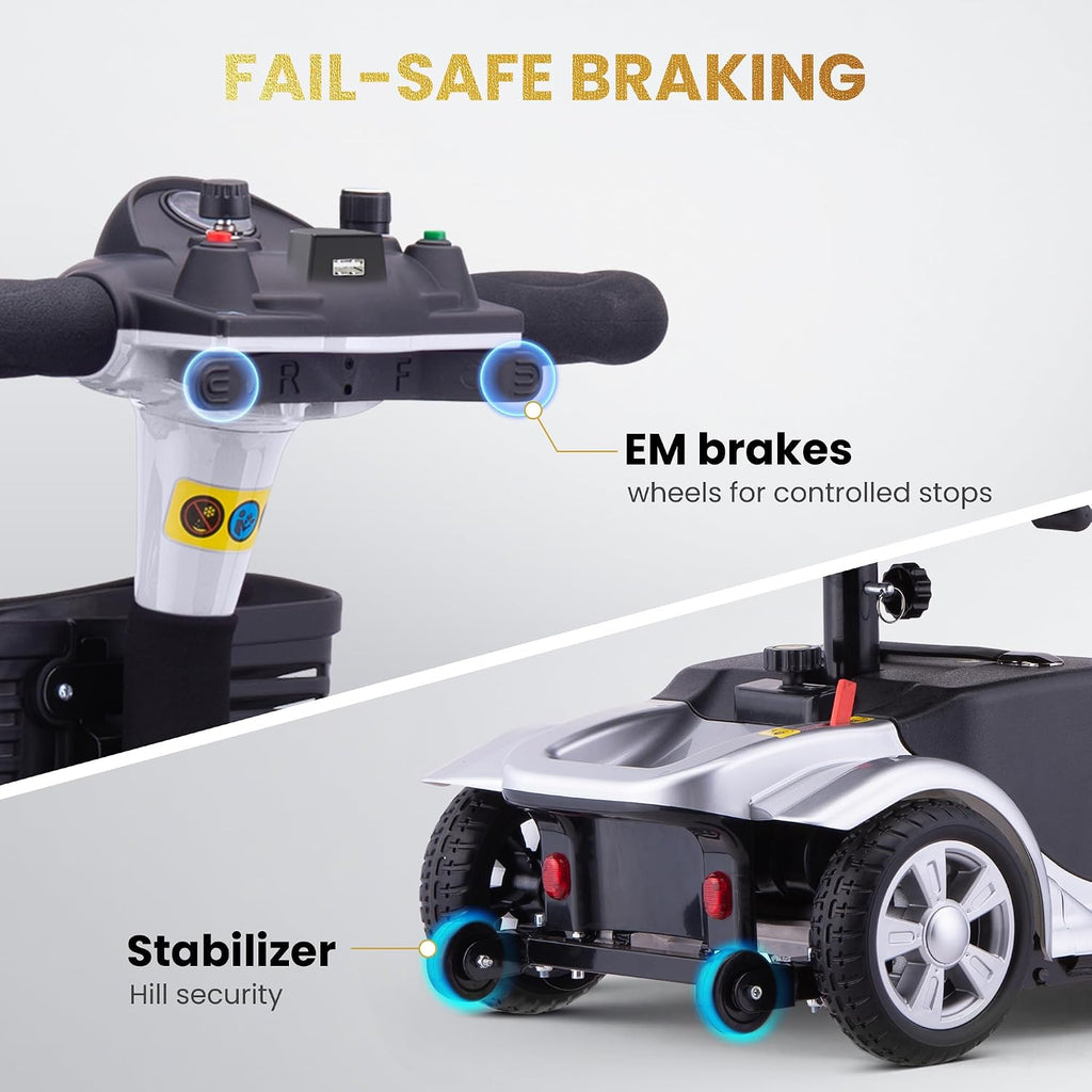 SUNDERWELL Mobility Scooters for Seniors & Adults, Compact Foldable Mobility Scooter with Tool-Free Disassembly, 15 Miles Electric Powered Mobility Scooters with 300 lb Capacity & USB Port (Silver)