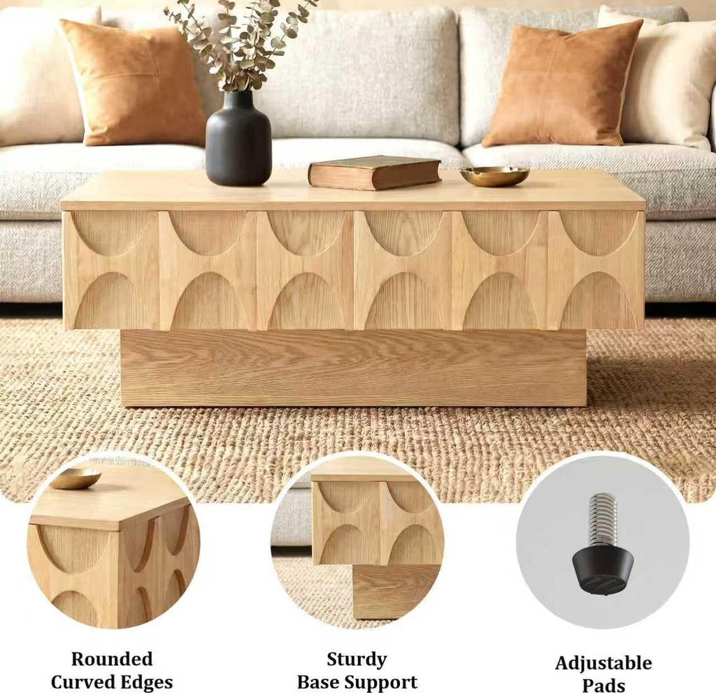 Solid Wood Veneer Coffee Table with Storage & Sliding Top, 38.6' Modern Mid Century Rectangle Center Table for Living Room, Home Office, Natural