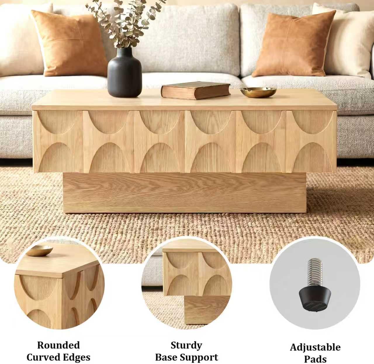 Solid Wood Veneer Coffee Table with Storage & Sliding Top, 38.6' Modern Mid Century Rectangle Center Table for Living Room, Home Office, Natural