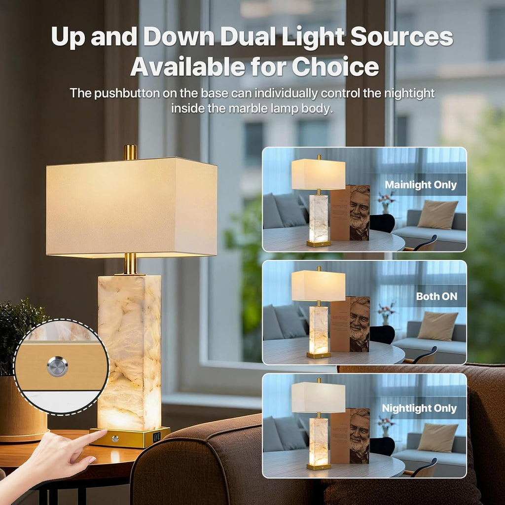 25.6' Alabaster Lamp, Marble Lamp Nightstand Lamps Set of 2, Modern Table Lamp with USB Ports, 3-Color Temperatures Bedside Lamps with Nightlight, Table Lamps for Living Room Bedroom, Bulbs Included