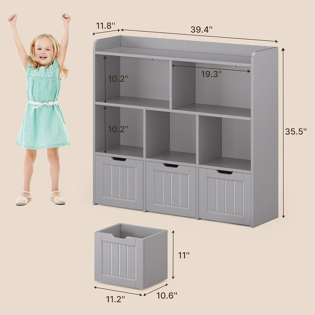 Gizoon Toy Storage Organizer with 3 Movable Drawers and 6 Open Shelves Kids Bookshelf Featuring Fall Prevention Barrier for Playroom Nursery Kids Room Organization, Gray, Painted
