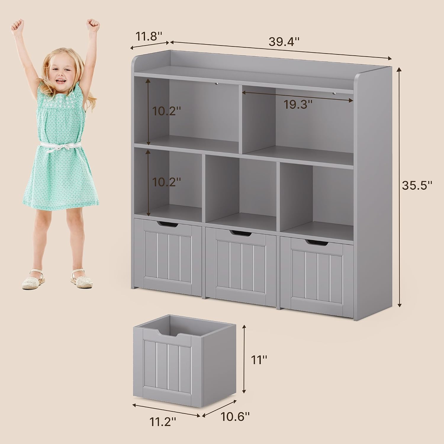 Gizoon Toy Storage Organizer with 3 Movable Drawers and 6 Open Shelves Kids Bookshelf Featuring Fall Prevention Barrier for Playroom Nursery Kids Room Organization, Gray, Painted