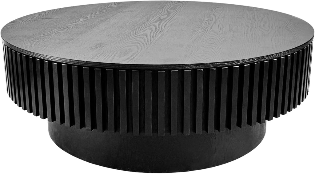 39.37'' Black Round Coffee Table Modern Wood Circle Fluted Drum Pedestal Coffee Table with Storage Space for Living Room, Easy Assembly, Black