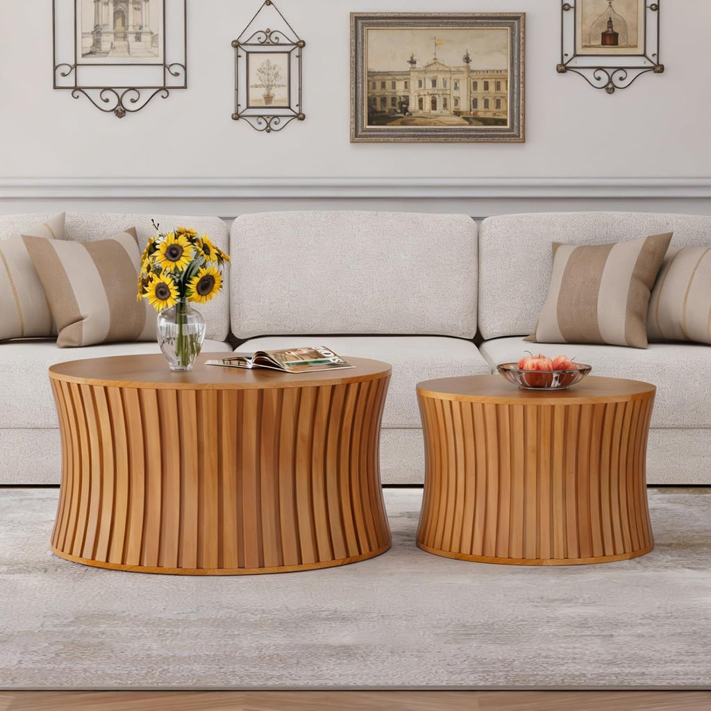Round Wood Coffee Table Set of 2 Modern Circle Nesting Coffee Table Handcrafted Drum Nesting Table Nesting Coffee Tables for Living Room for Small Space (Brown (D26.4+D19.68 inch))