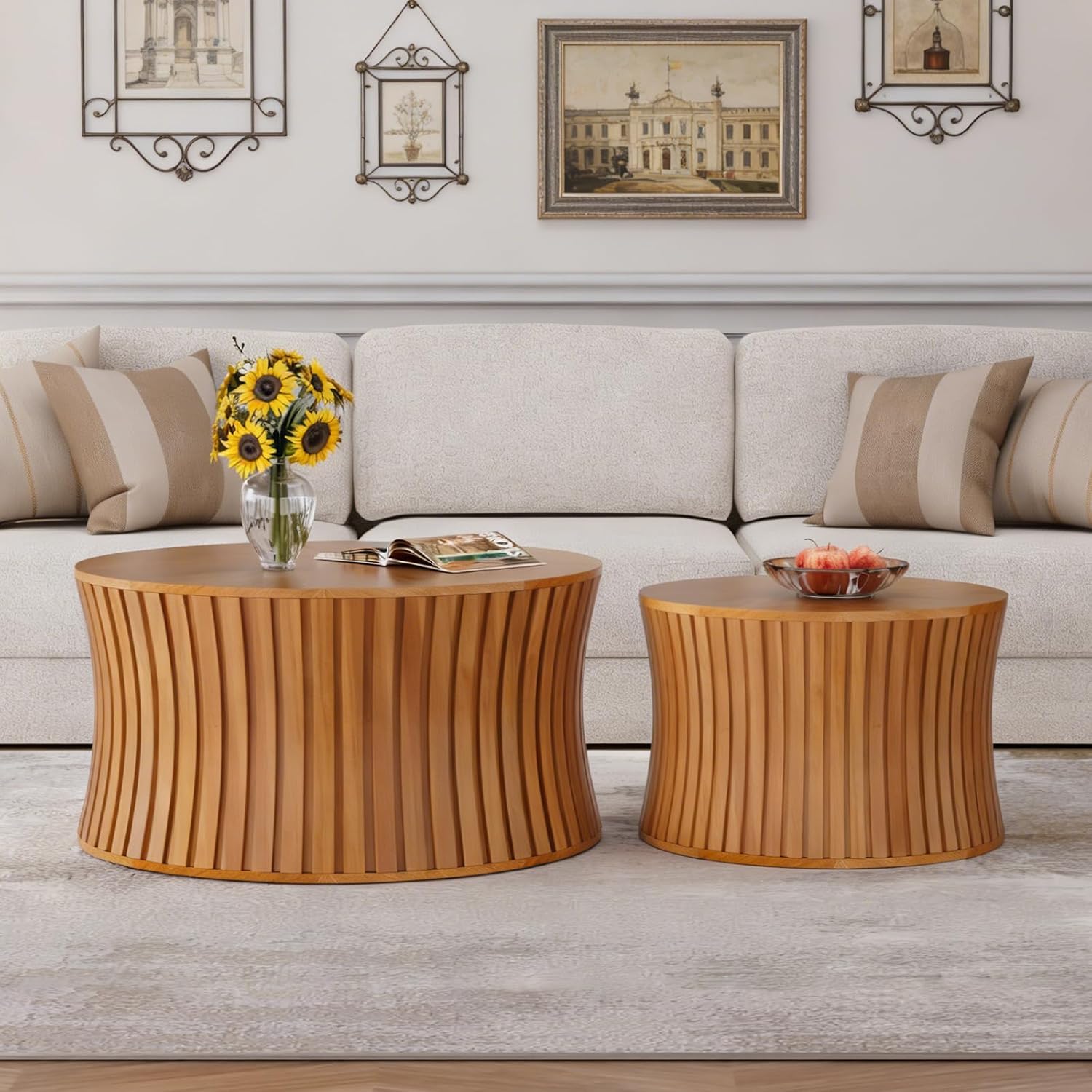 Round Wood Coffee Table Set of 2 Modern Circle Nesting Coffee Table Handcrafted Drum Nesting Table Nesting Coffee Tables for Living Room for Small Space (Brown (D26.4+D19.68 inch))