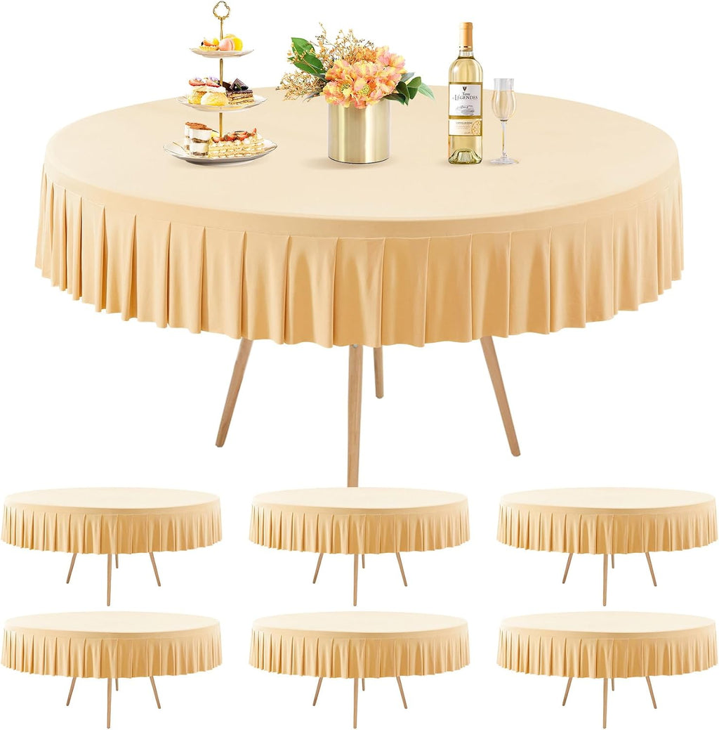6 Pack Champagne Spandex Round Tablecloths for 60 inch Tables, Stretchy Fitted 5FT Round Table Cloth with Skirt for Wedding Party Dining Banquet