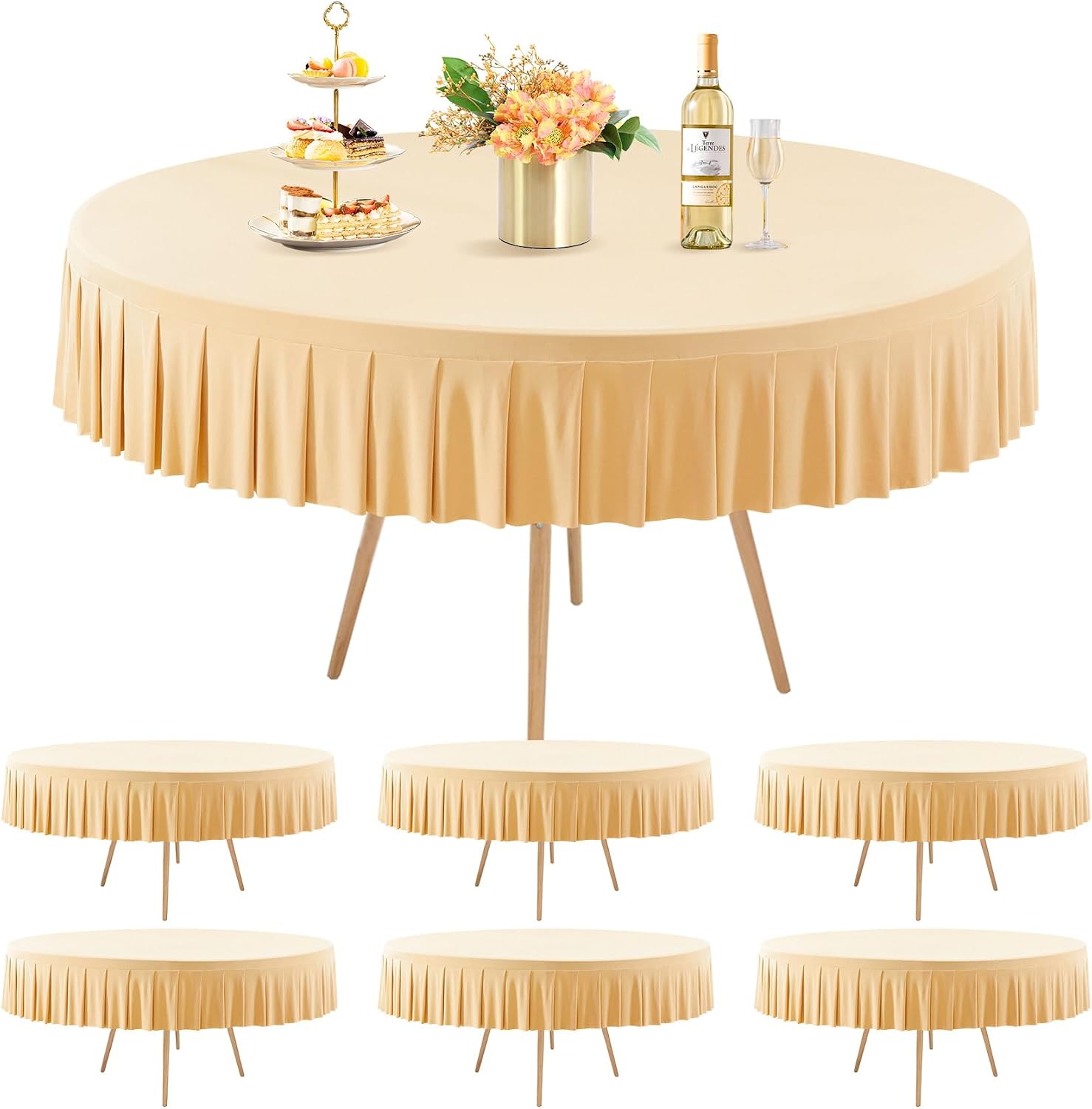 6 Pack Champagne Spandex Round Tablecloths for 72in Table, Stretchy Fitted 6FT Round Table Cloths, Wrinkle Free Table Cover with Skirt for Wedding Birthday Party Bridal Shower Banquet