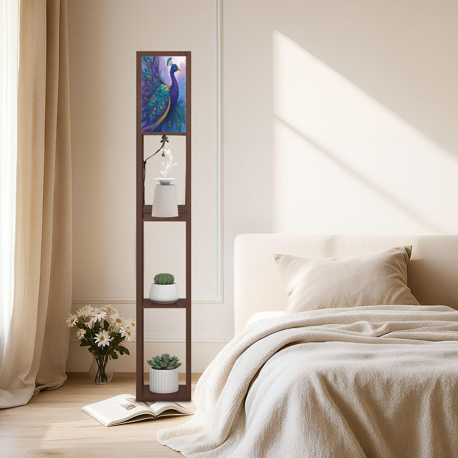 Floor Lamp with Shelves Modern Stained Glass Peacock Art Teal Gold Feathers Standing Tall Lamp USB Ports & Power Outlet Modern Corner Lamp Nightstand Light for Living Room Bedroom