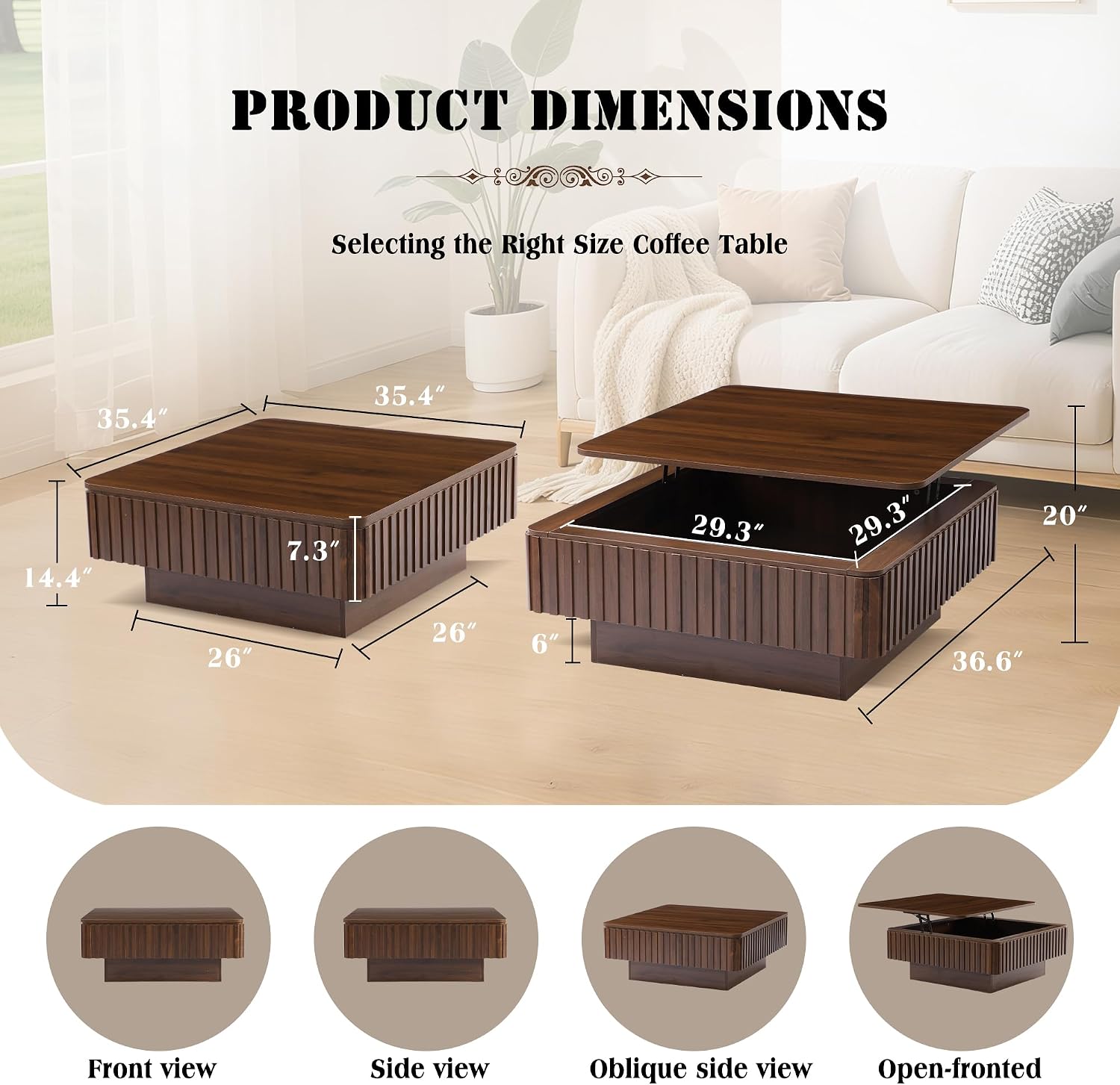Grepatio Square Lift Top Coffee Table with Storage, 35' Fluted Coffee Table with RGB Led Lights, Wooden Center Tables with USB Power Outlet, Mid Century Table for Living Room (Square)