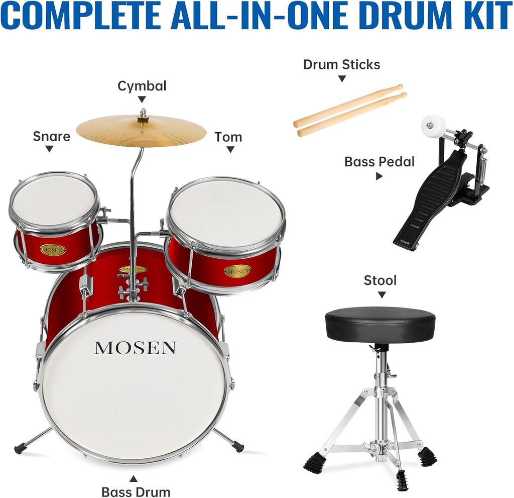 MOSEN Drum Set 3-Piece Beginner Drum Set Junior Drum Kit with Adjustable Throne, Cymbal, Pedal & Drumsticks Drums with Bass Tom Snare Drum - Red