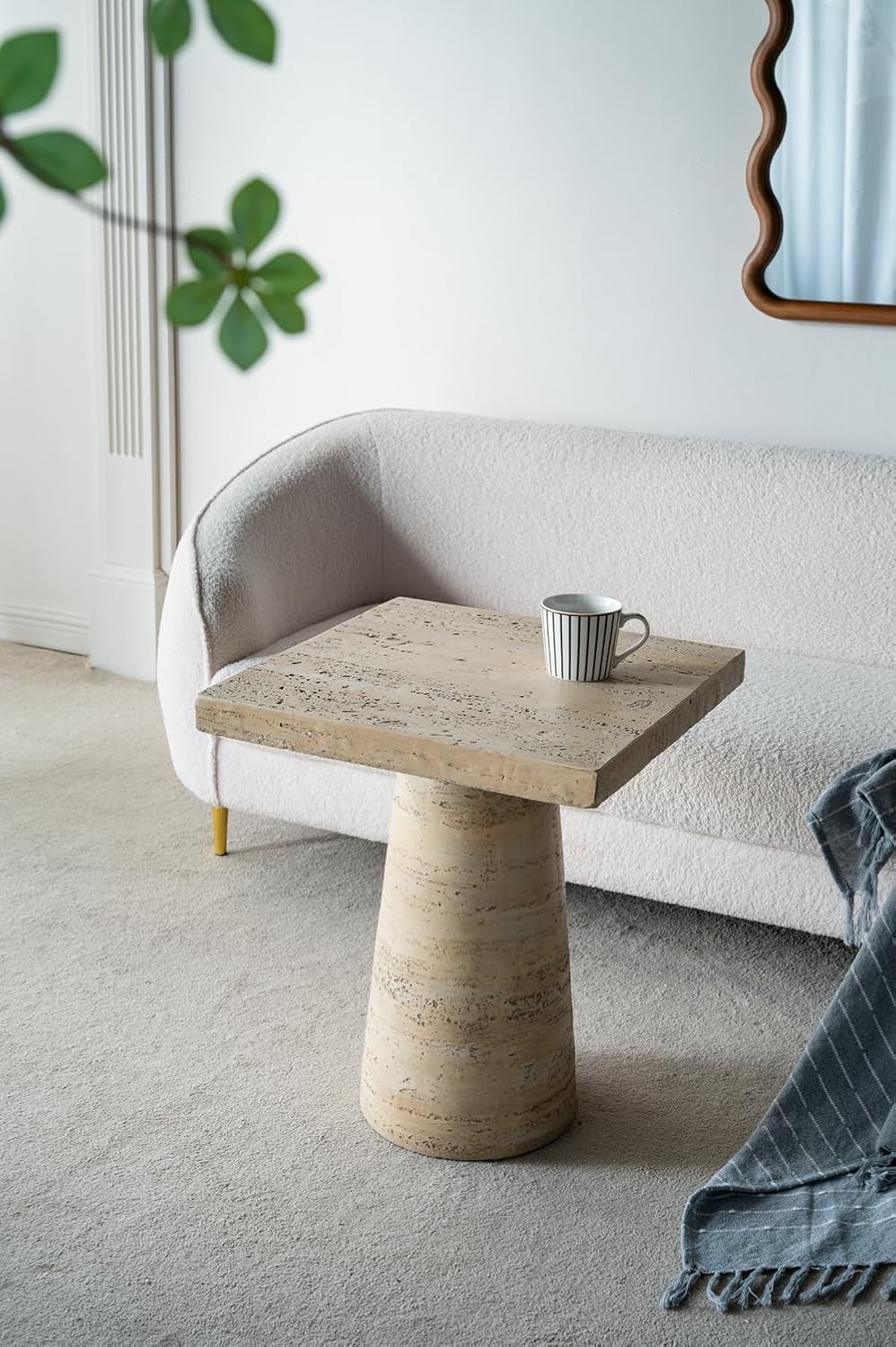 WILLIAMSPACE 20' Cream Square End Table Side Table for Living Room, Modern Magnesium Oxide Stone Small Coffee Table with Pedestal Base, 20'x20'x24'H (Cream)