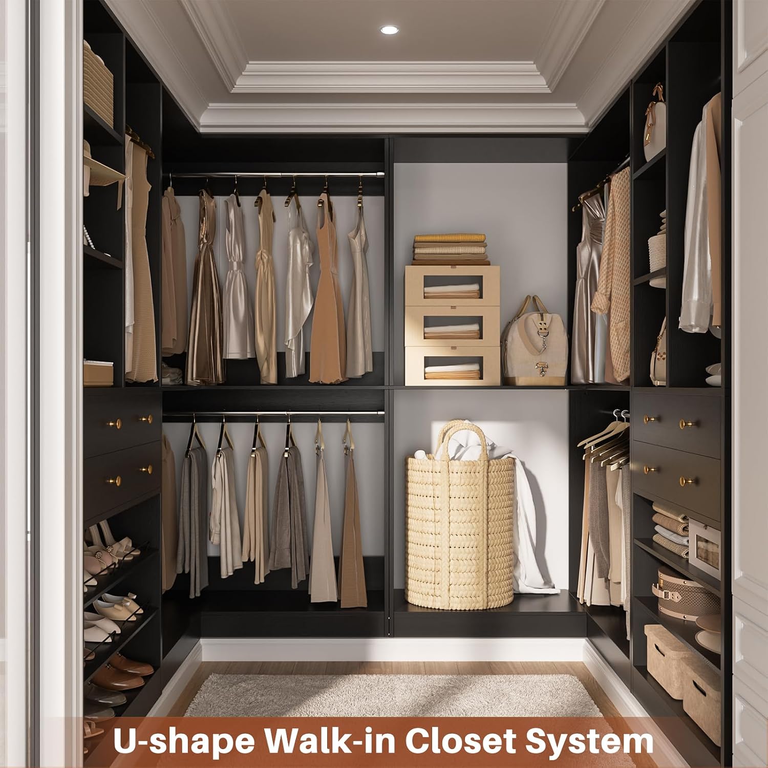 Besiost Closet System with 4 Drawers & Corner Tower, Closet Organizer System with 4 Hanging Robs, Reversible U Shaped Walk-in Closet System, Load 2600+LBS Capacity, Set of 4, Black