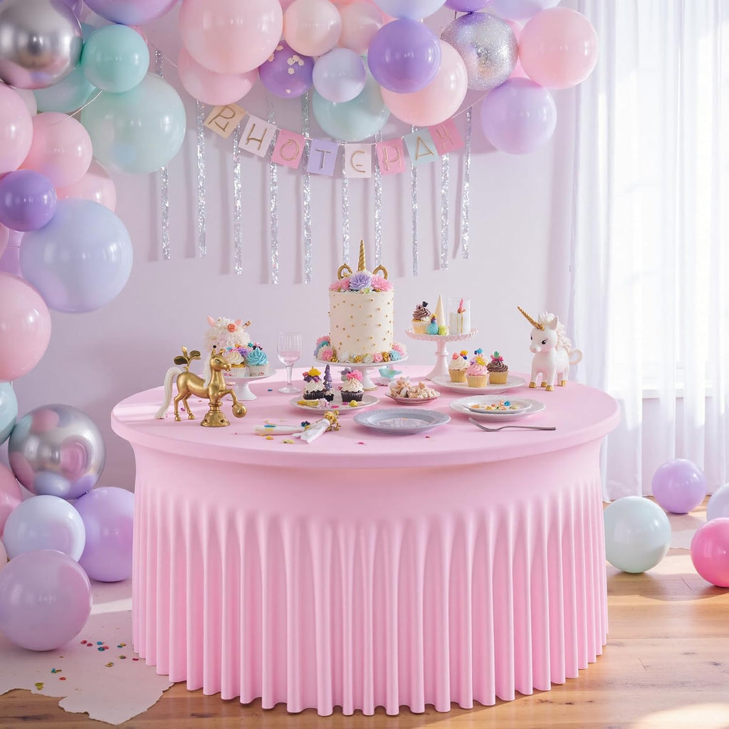 NSSONBEN 6 pk Baby Pink Round Spandex Tablecloths 60 in with Ruffled Skirt,Wrinkle Free High-Stretch 120 inch Pink Table Cloth Fitted 6ft Round Tables,Spandex Table Covers 6ft for Girl Party Banquet