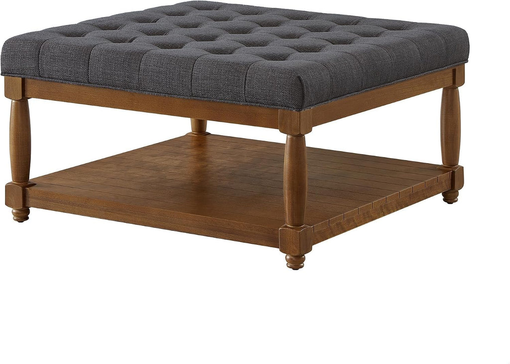 GDFStudio Large Square Upholstered Tufted Linen Ottoman Coffee Table with Solid Wood Frame and Open Storage Shelf, Nailhead Trim Accent Footrest for Living Room, Charcoal