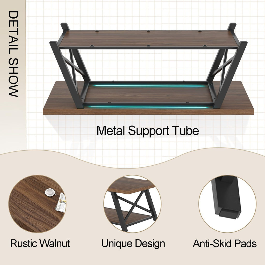 EXCEFUR Modern Coffee Table, Industrial Living Room Center Table with Storage Shelf, Rectangle Wood and Metal Cocktail Tea Table, Rustic Walnut, 47 Inch