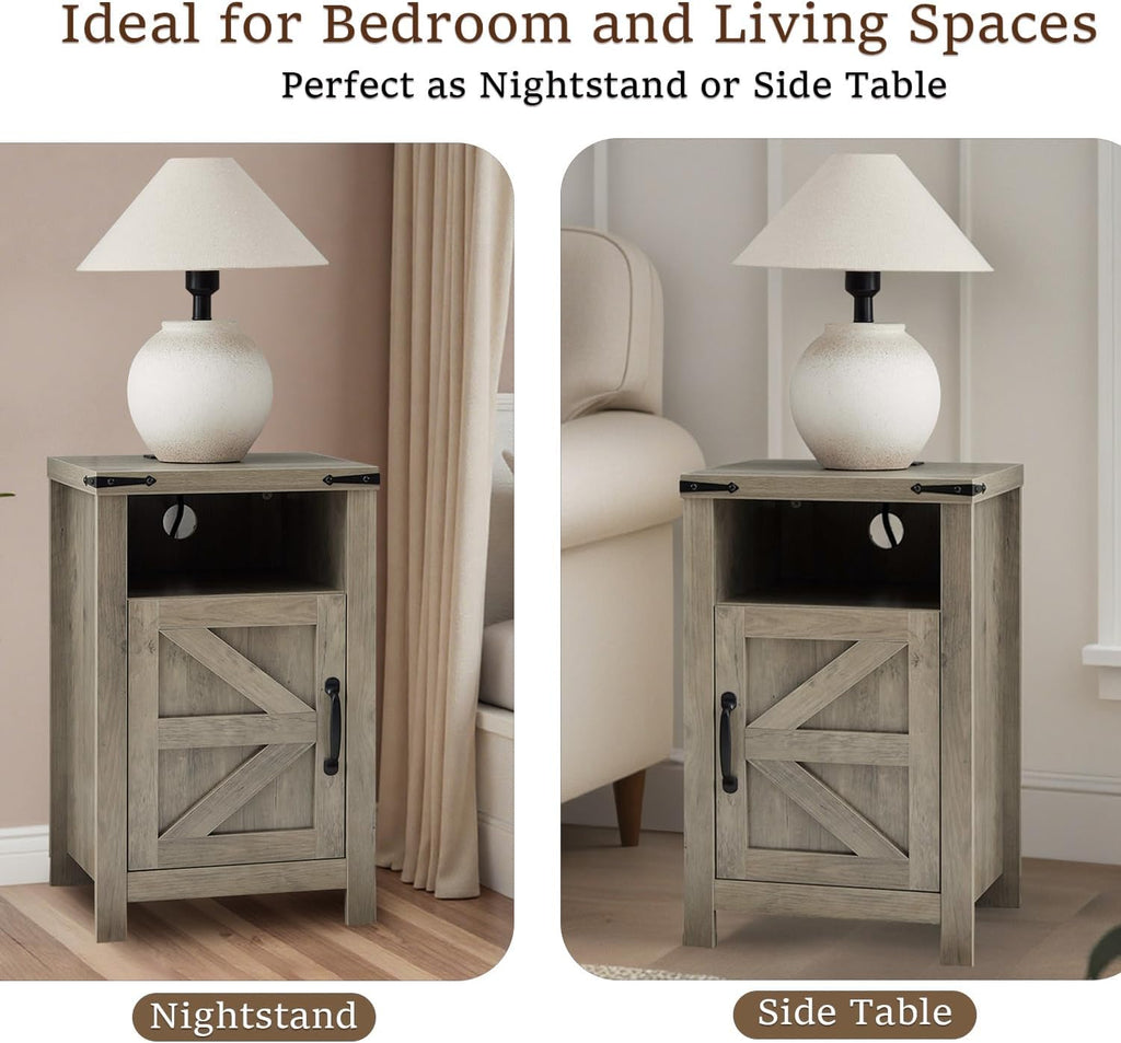 Farmhouse Nightstand Set of 2 with Charging Station, Modern Bedside Table with Barn Door and Shelf, Sofa Side Table End Table for Bedroom, Living Room, Grey